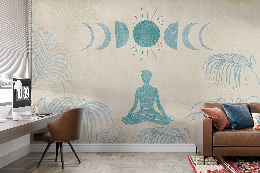 Drawing of a person sitting in a lotus position surrounded by plants