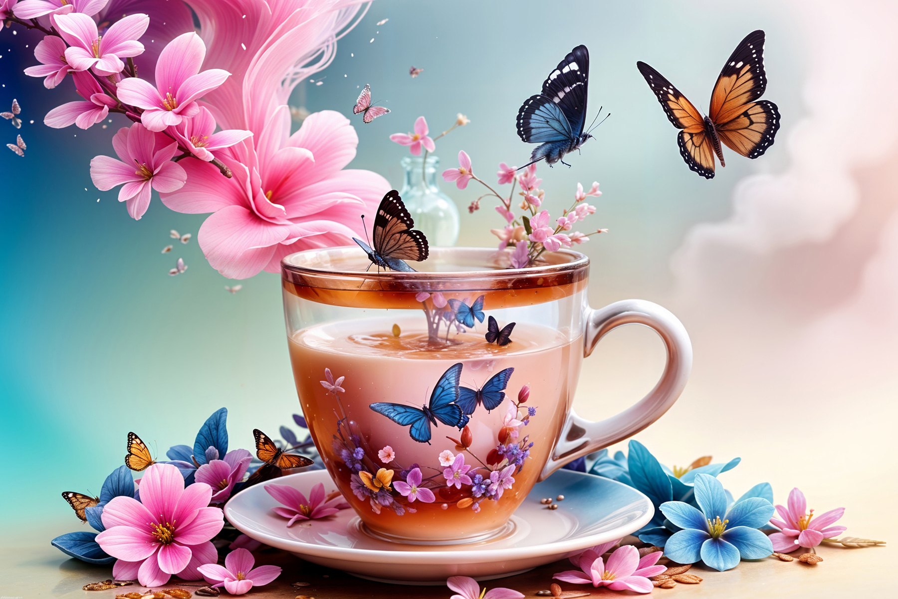 Cup of tea with flowers and butterflies