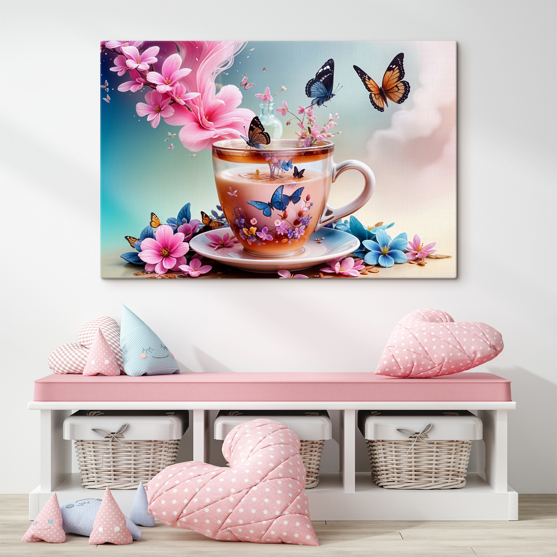 Cup of tea with flowers and butterflies