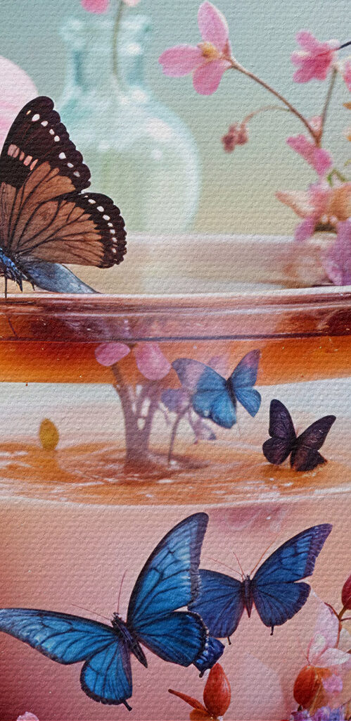 Cup of tea with flowers and butterflies