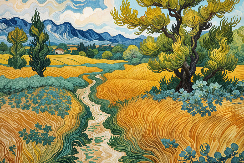 Painting of a landscape with a tree and a stream