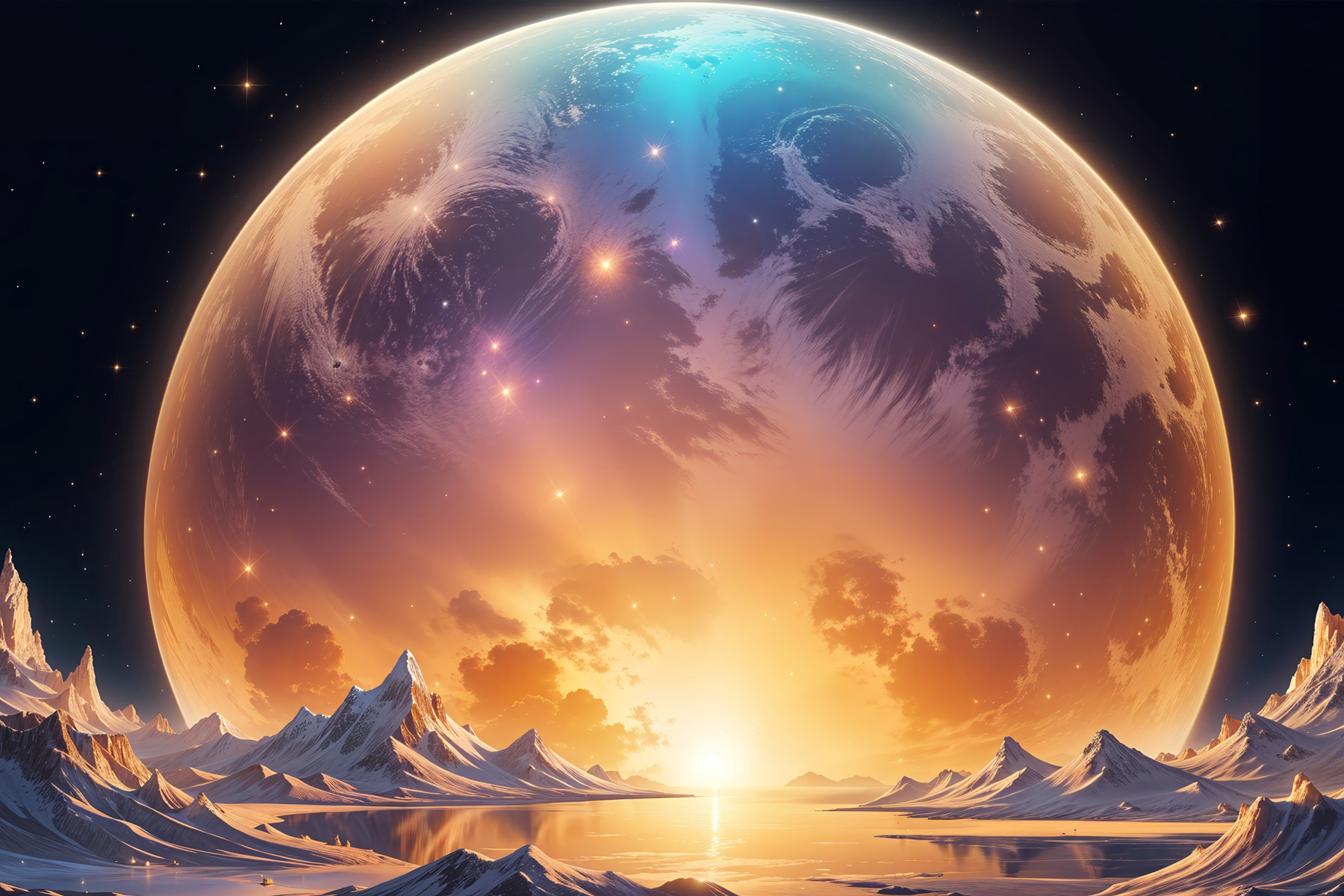 Planet with a sunset over water Planet with a sunset over water