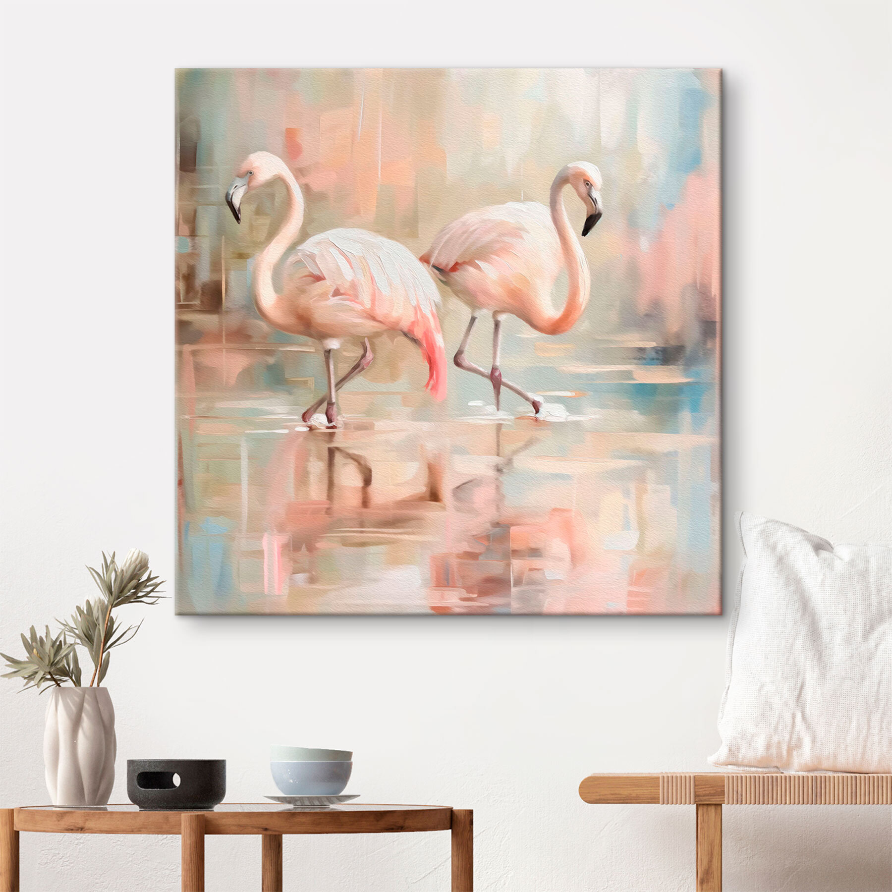 Two flamingos walking on water Two flamingos walking on water