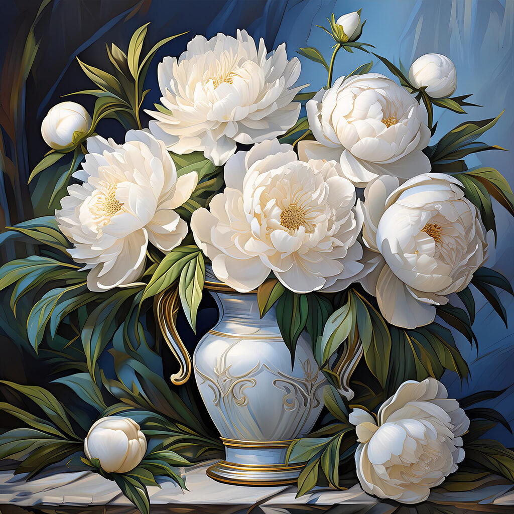 Painting of white flowers in a vase Painting of white flowers in a vase