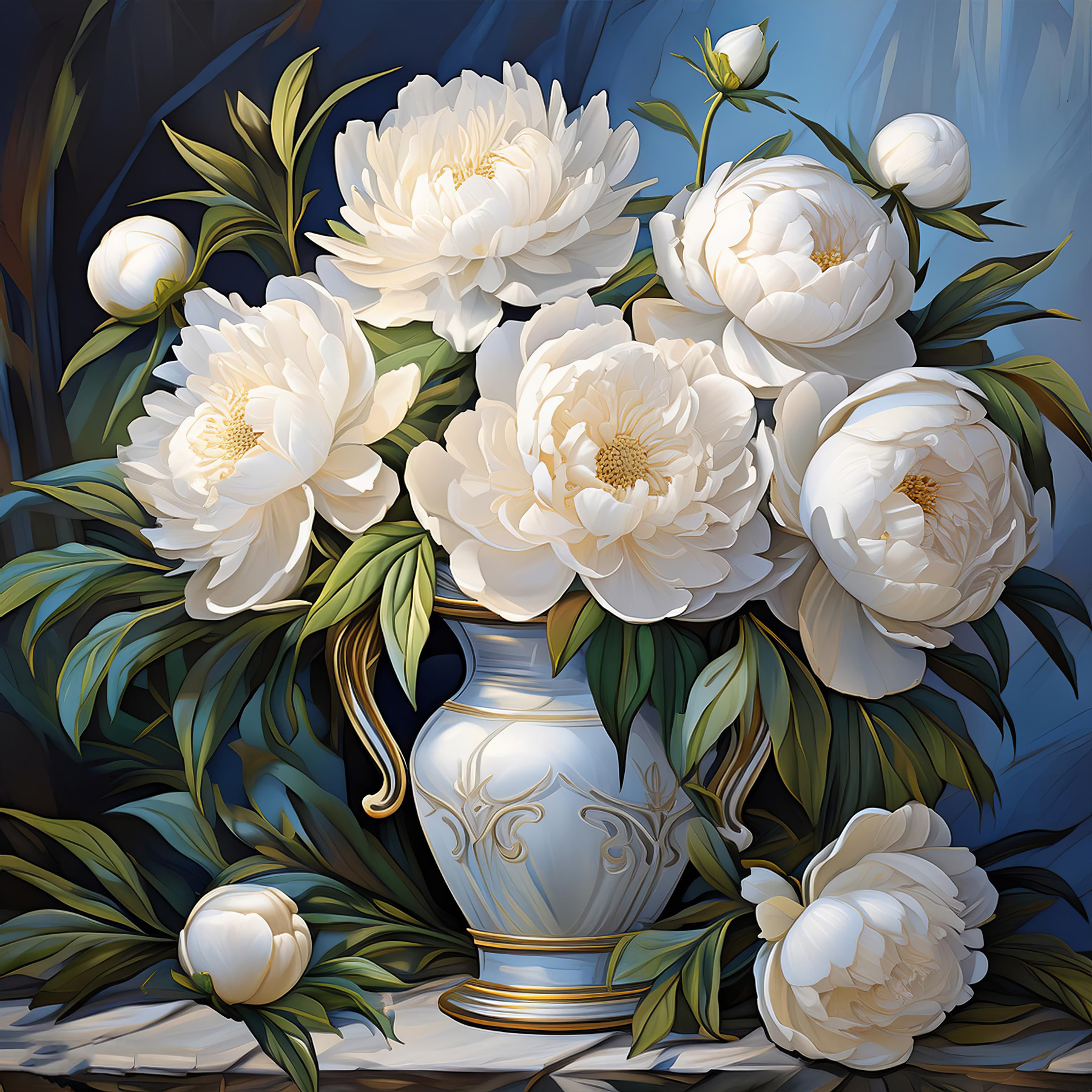 Painting of white flowers in a vase Painting of white flowers in a vase