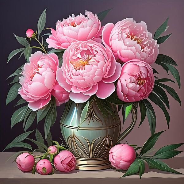Painting of pink flowers in a vase Painting of pink flowers in a vase