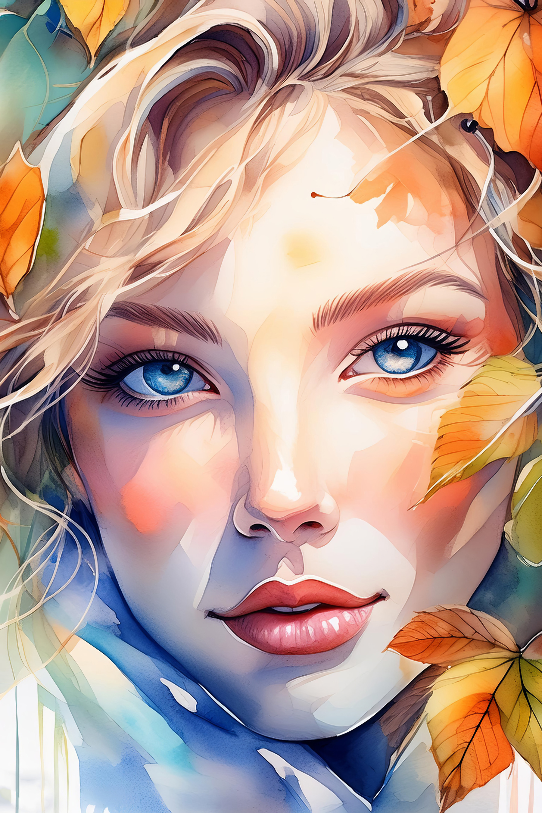 Woman with blue eyes and blue eyes and blue eyes and yellow leaves