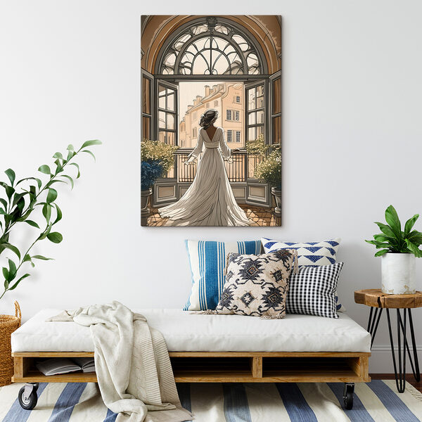 Cuadros Cuadros Una mujer con un vestido blanco mirando por la ventana (SKU: s39480)