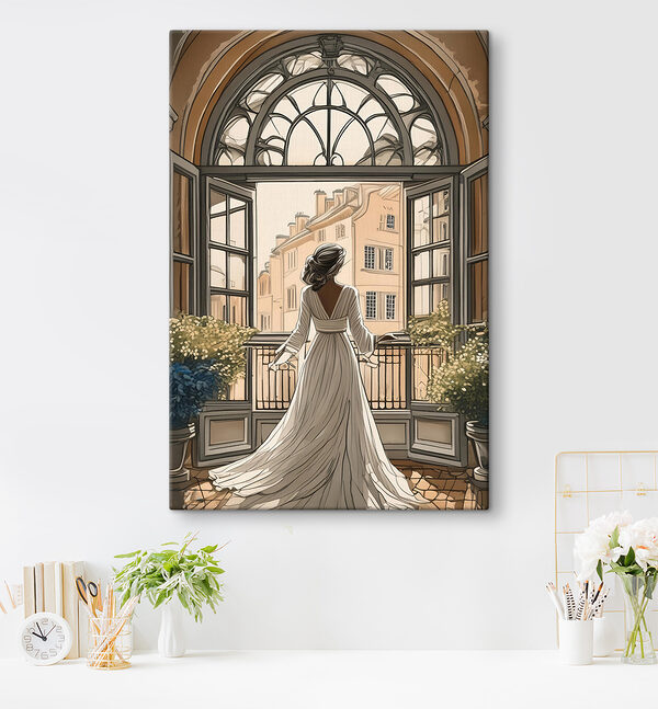 Woman in a white dress looking out a window Woman in a white dress looking out a window