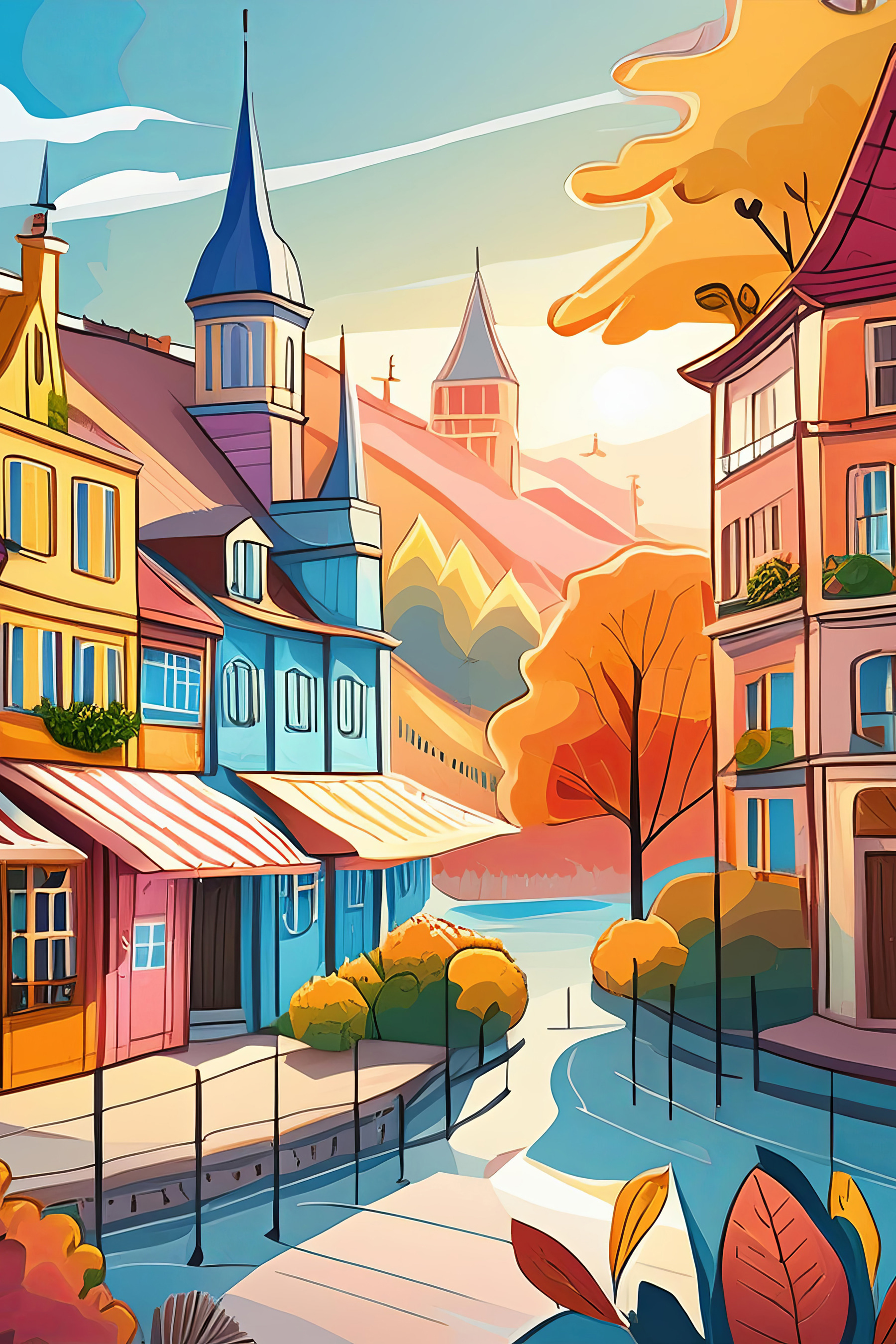 Colorful town with a river and trees