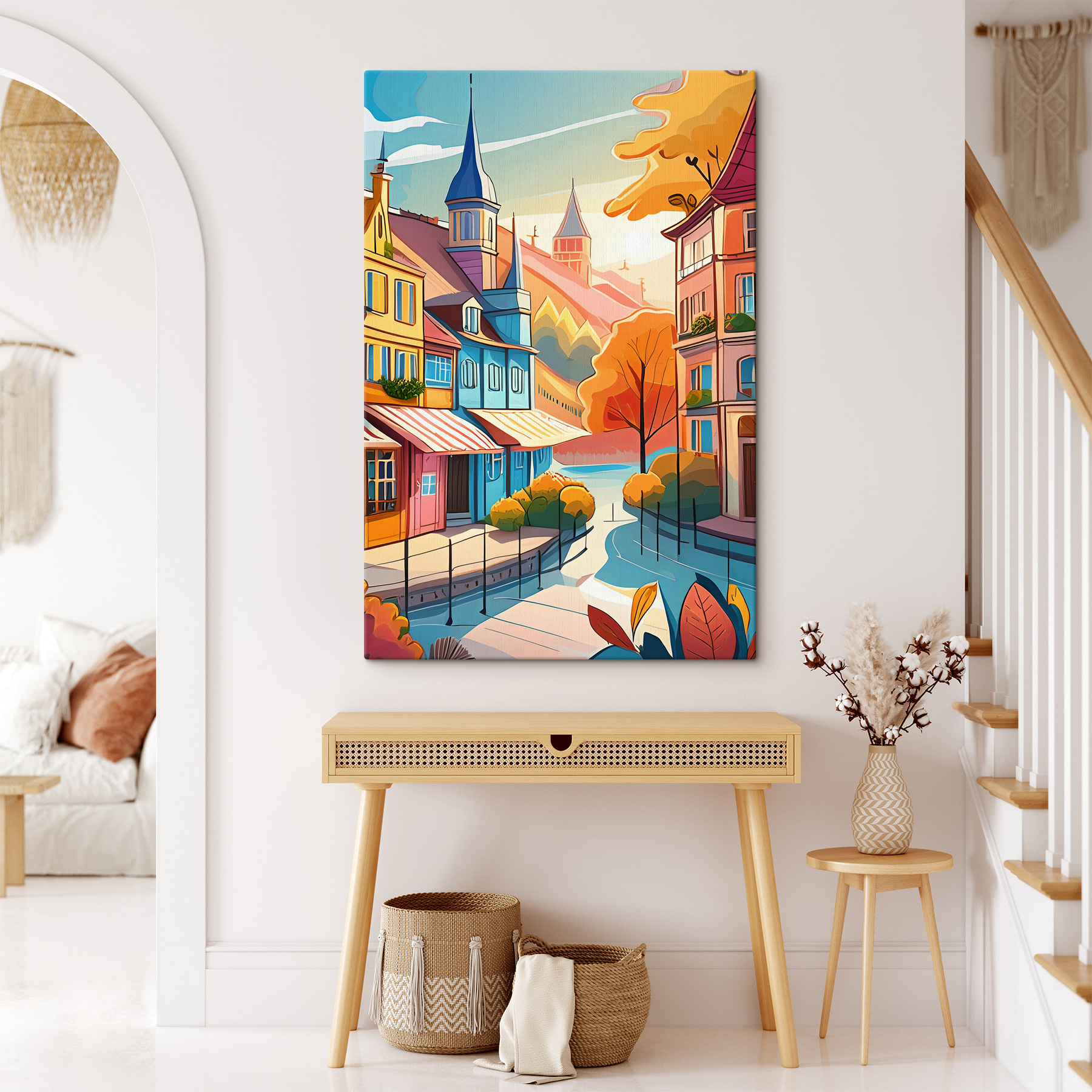 Colorful town with a river and trees