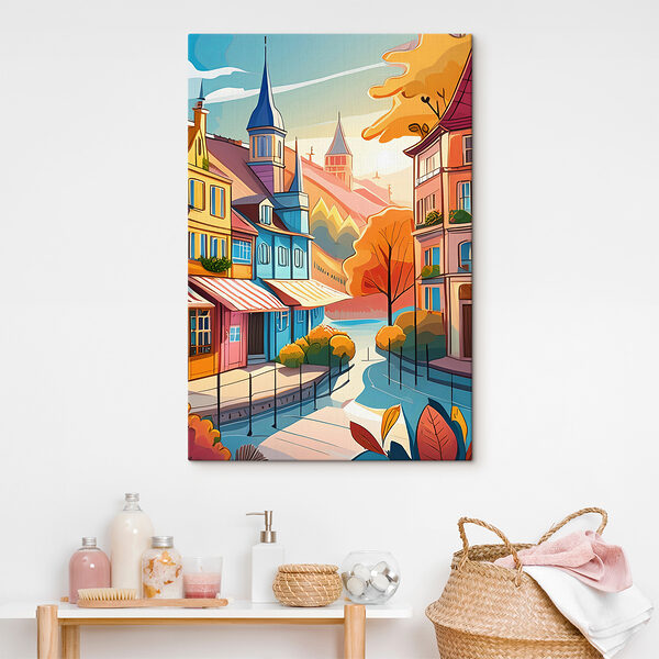 Colorful town with a river and trees