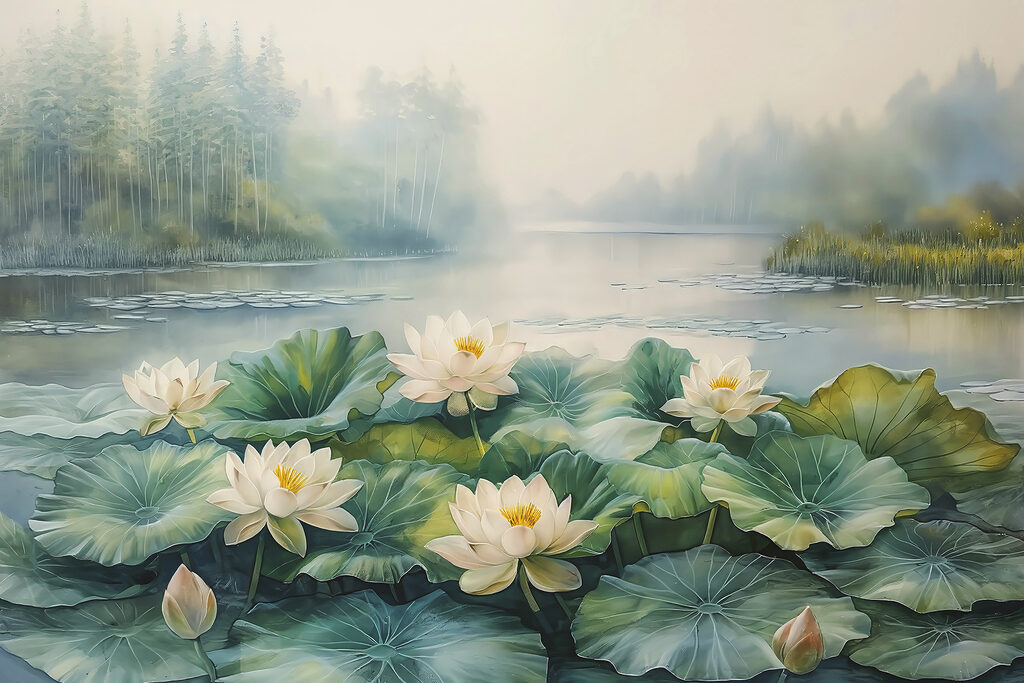 Painting of a pond with white flowers and green leaves