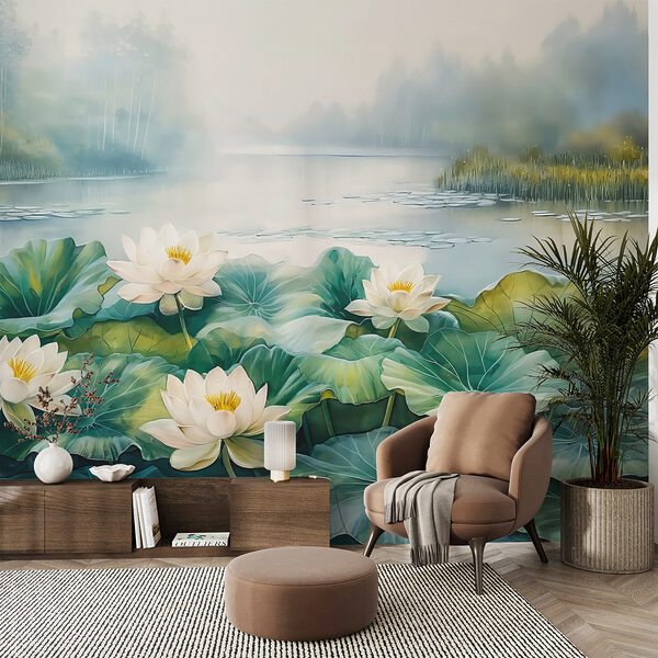 Painting of a pond with white flowers and green leaves