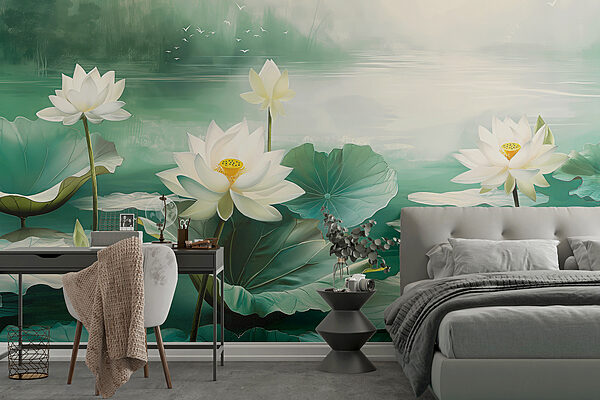 Pintura de flores blancas y hojas en un lago Fotomurales Pintura de flores blancas y hojas en un lago