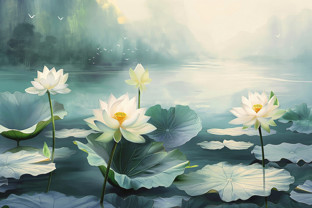 Painting of white flowers and leaves on water Painting of white flowers and leaves on water