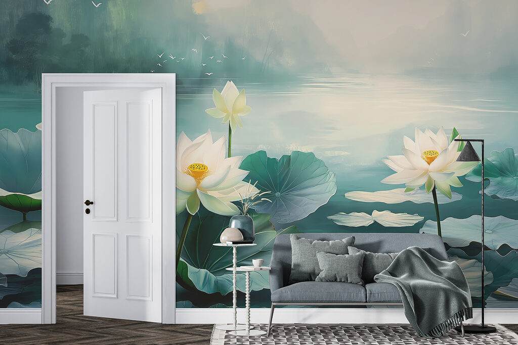 Painting of white flowers and leaves on water Painting of white flowers and leaves on water