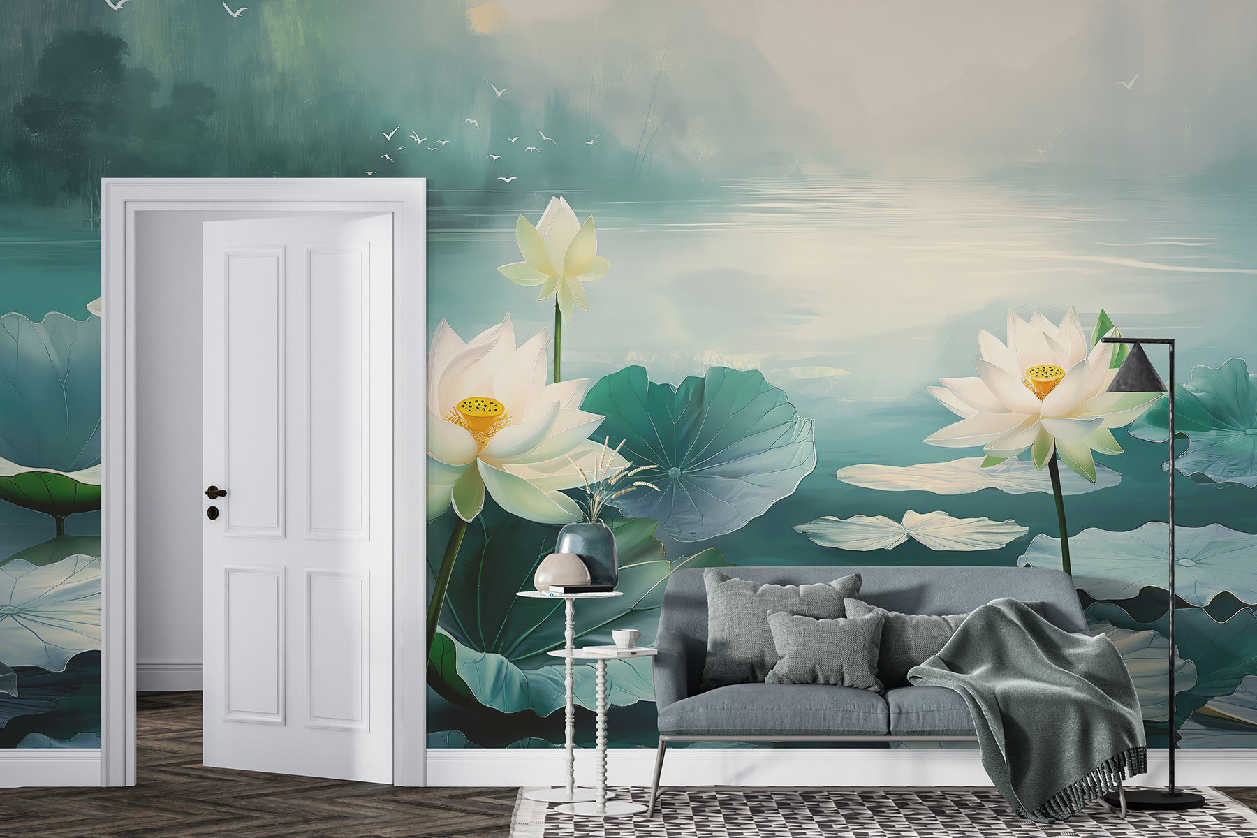 Painting of white flowers and leaves on water Painting of white flowers and leaves on water