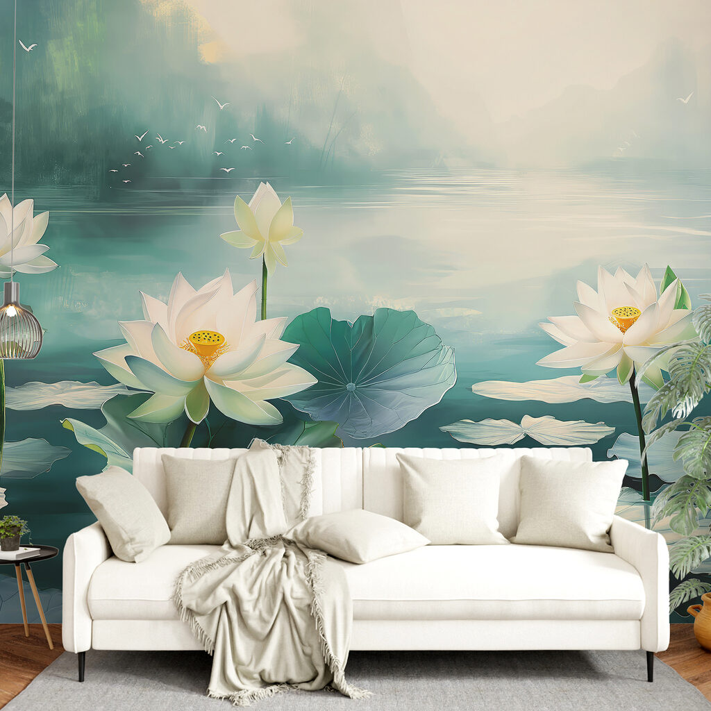 Painting of white flowers and leaves on water Painting of white flowers and leaves on water
