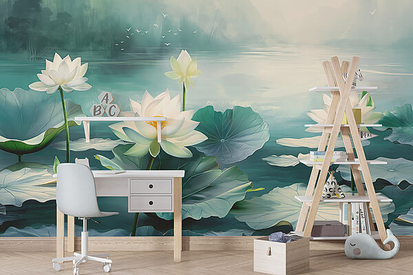 Painting of white flowers and leaves on water Painting of white flowers and leaves on water