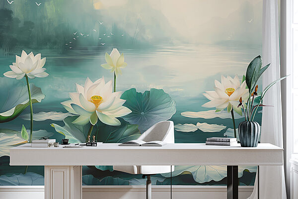 Painting of white flowers and leaves on water Painting of white flowers and leaves on water