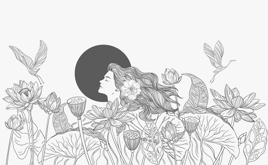 Mujer con pelo largo y flores Mujer con pelo largo y flores