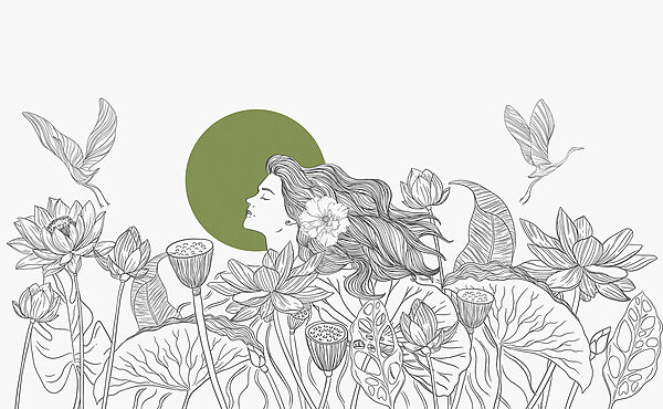 Dibujo de una mujer con pelo largo y flores Dibujo de una mujer con pelo largo y flores