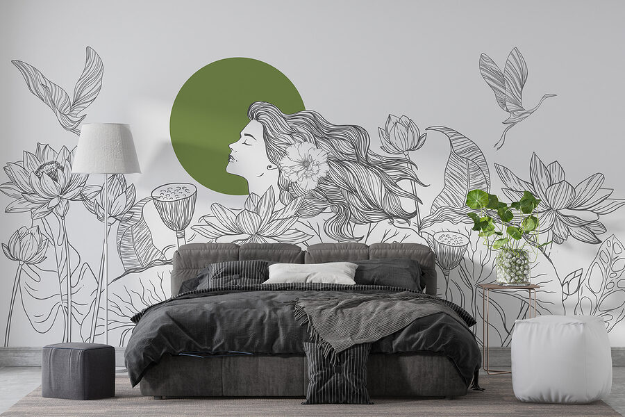 Dibujo de una mujer con pelo largo y flores