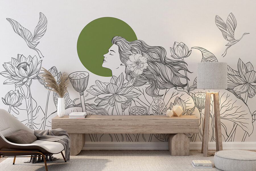 Dibujo de una mujer con pelo largo y flores