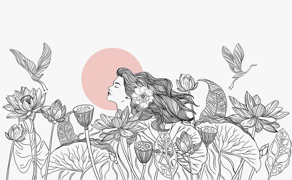 Dibujo de una mujer con pelo largo y flores Dibujo de una mujer con pelo largo y flores