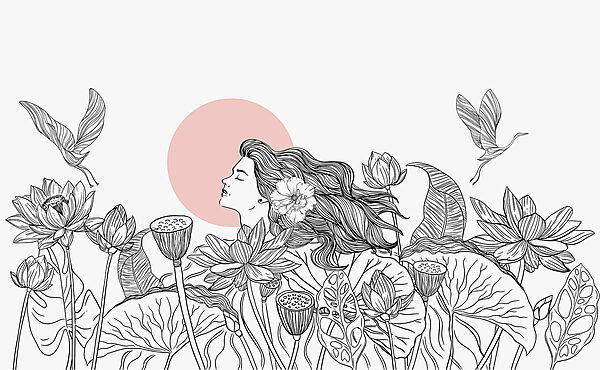 Dibujo de una mujer con pelo largo y flores Dibujo de una mujer con pelo largo y flores