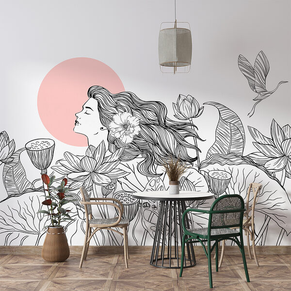 Dibujo de una mujer con pelo largo y flores Dibujo de una mujer con pelo largo y flores