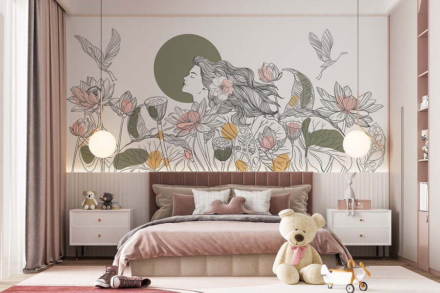 Fotomurales Mujer con pelo largo y flores - Imagen 5