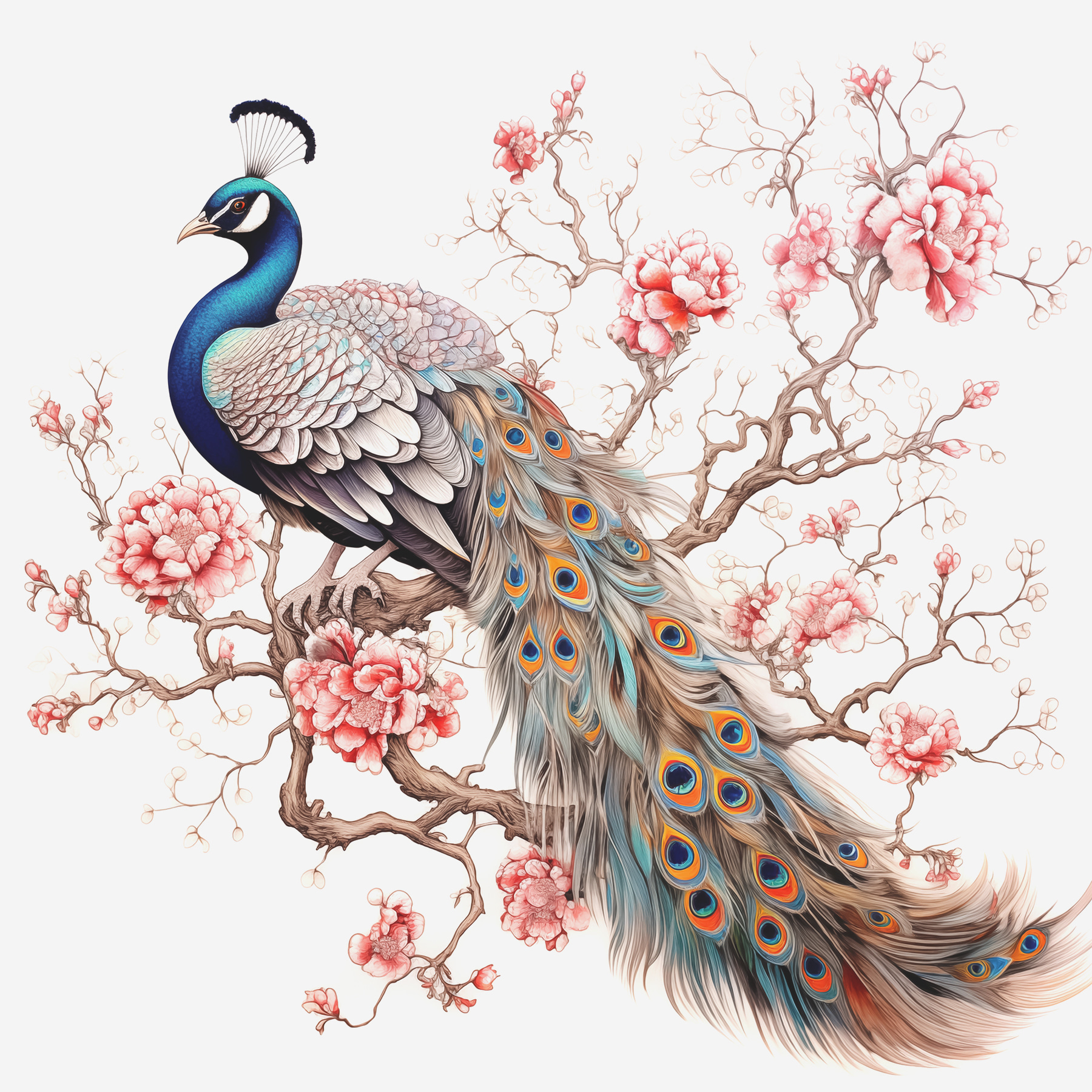 Peacock on a tree branch with pink flowers