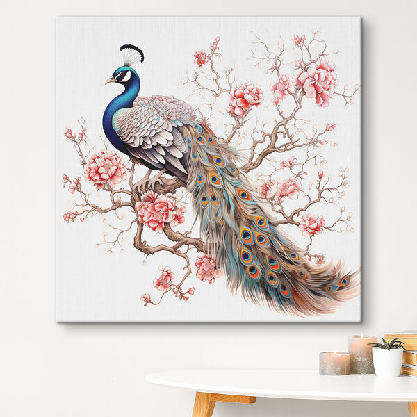 Peacock on a tree branch with pink flowers