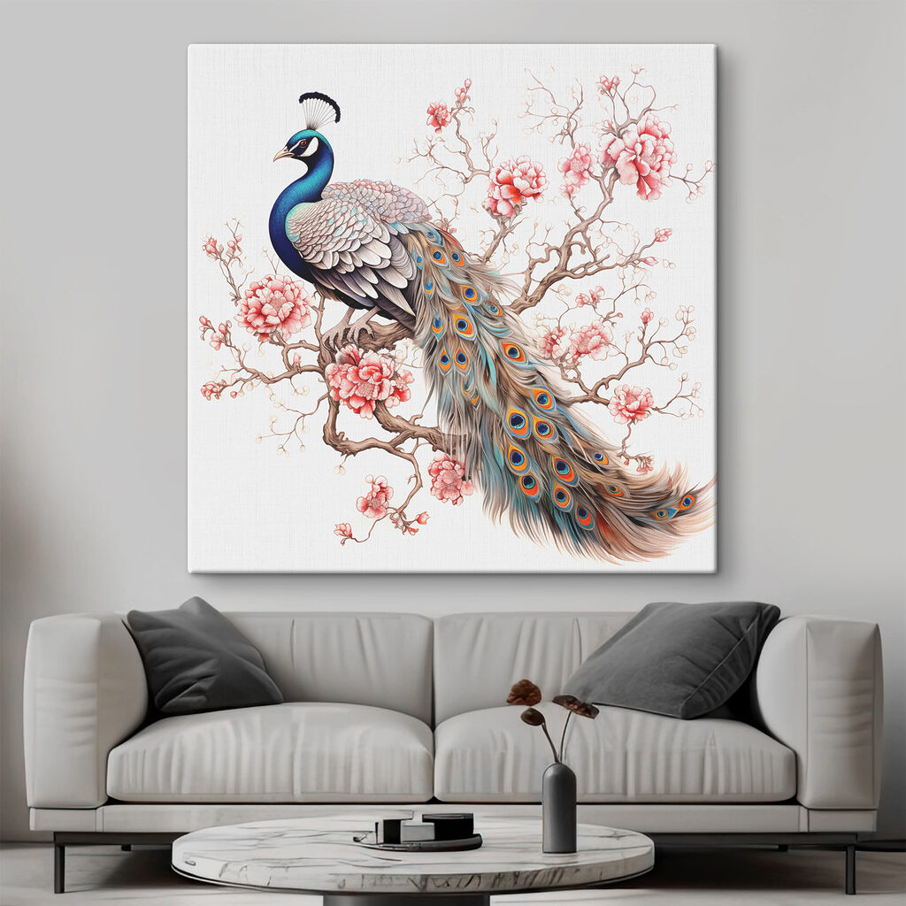 Peacock on a tree branch with pink flowers
