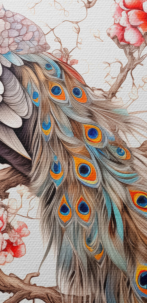 Peacock on a tree branch with pink flowers