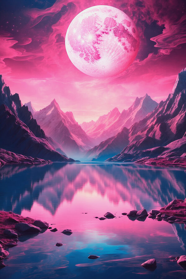 Pink moon over a mountain lake Pink moon over a mountain lake