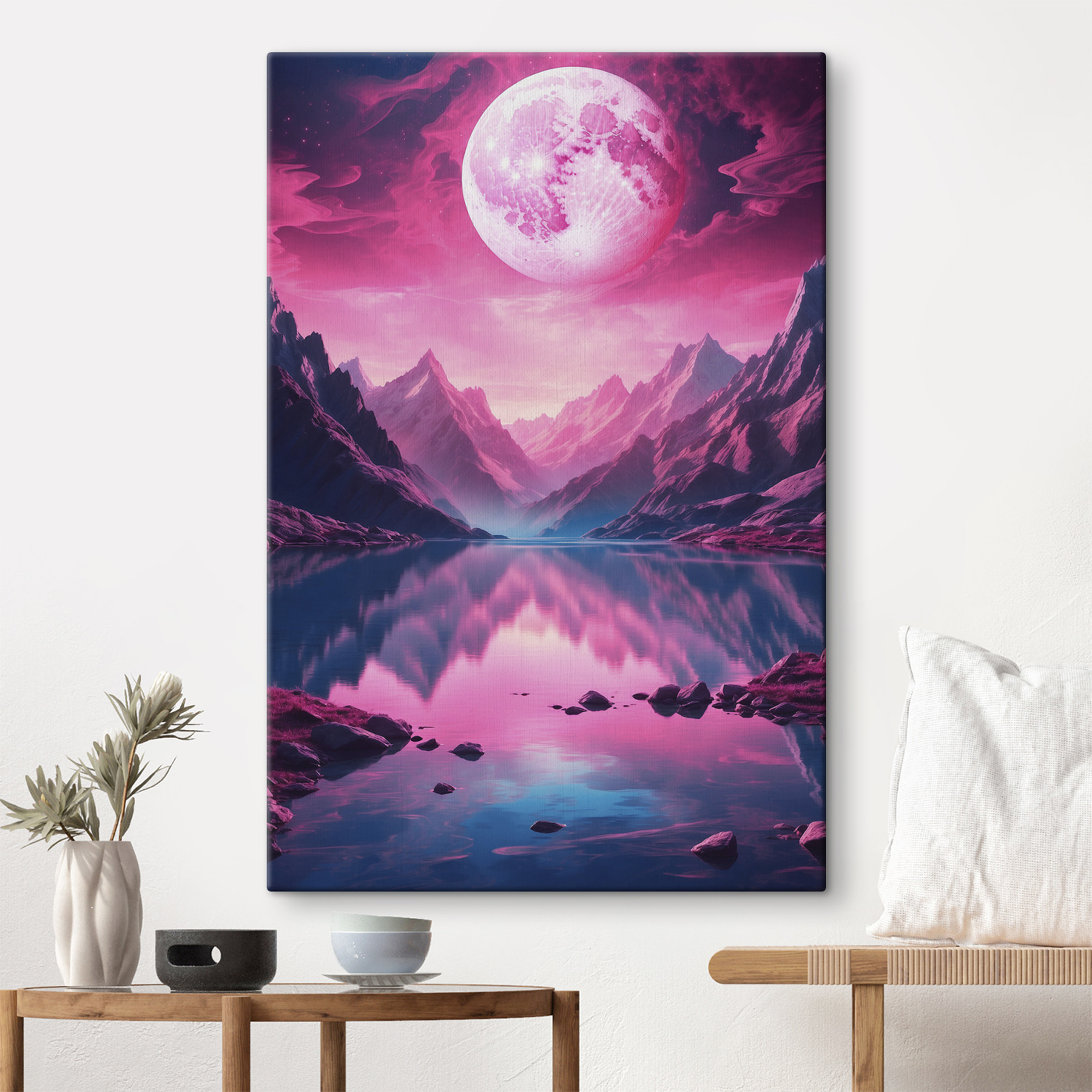 Pink moon over a mountain lake Pink moon over a mountain lake