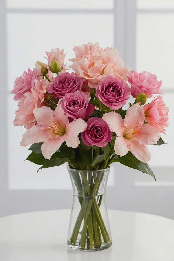 Vase of pink and purple flowers