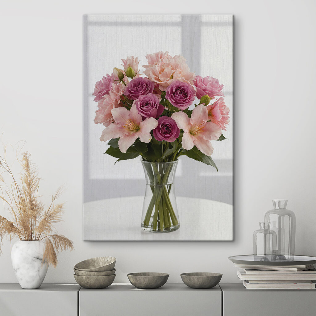 Vase of pink and purple flowers