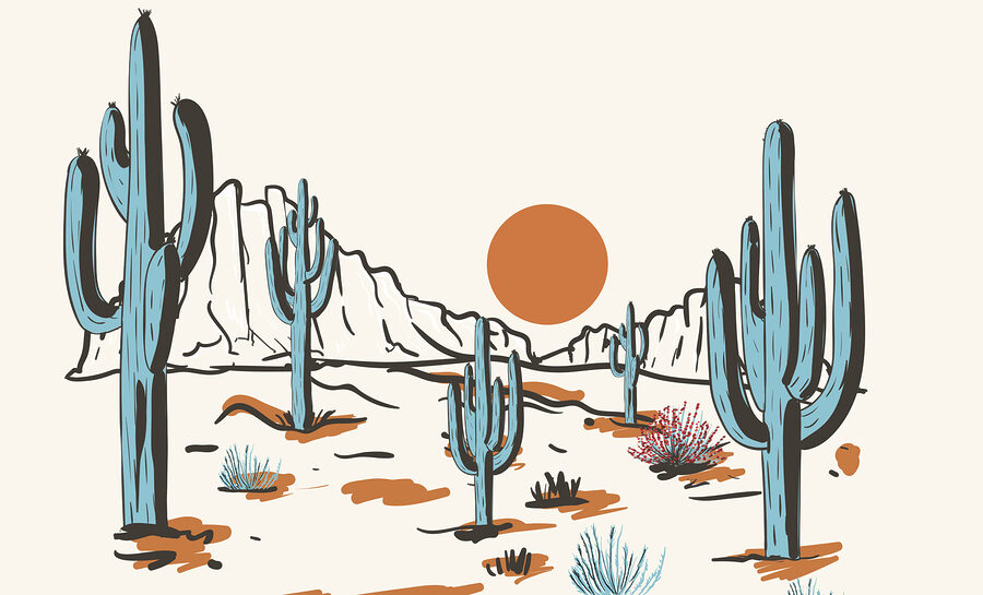 Paisaje desértico con cactus y montañas