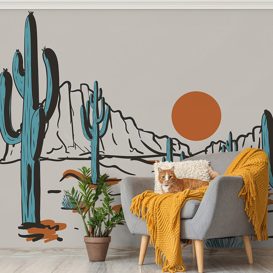 Paisaje desértico con cactus y montañas
