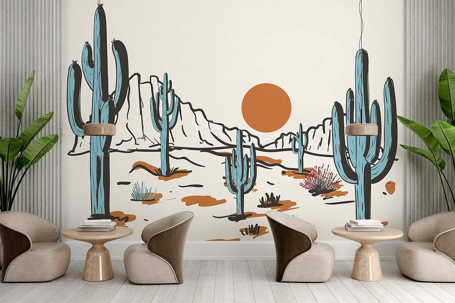 Paisaje desértico con cactus y montañas