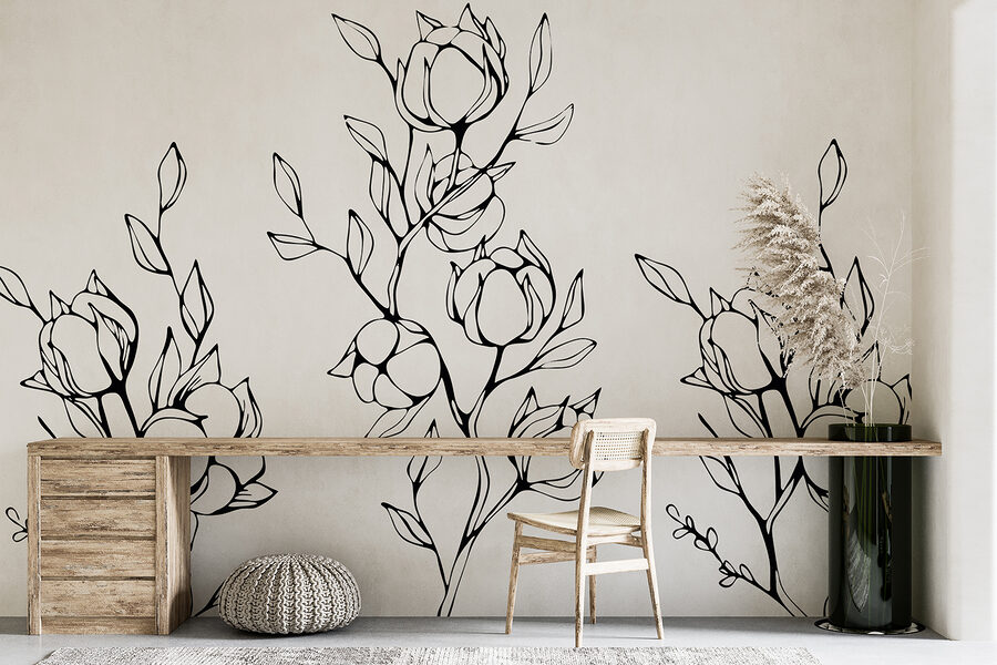 Fotomurales Dibujo en blanco y negro de flores y hojas - Imagen 2