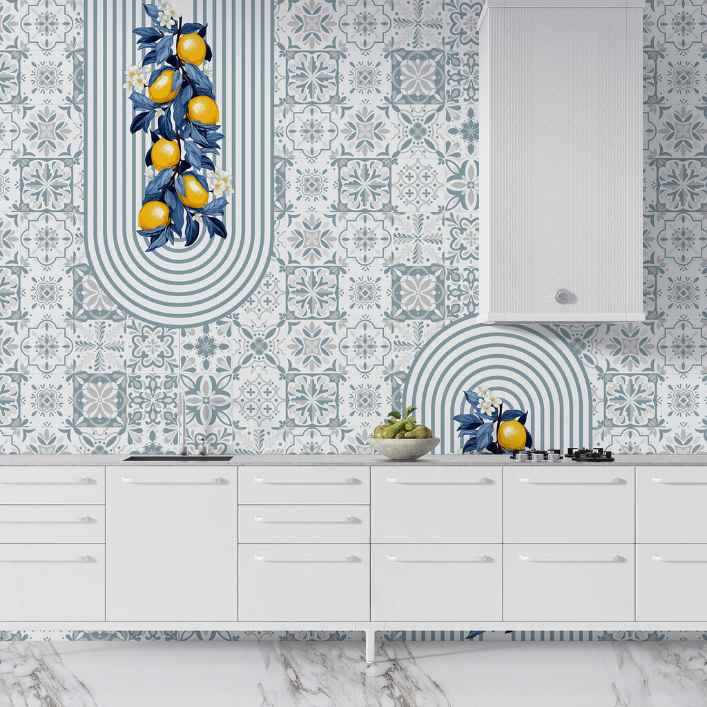 Pattern of fruit on a white and blue background Pattern of fruit on a white and blue background