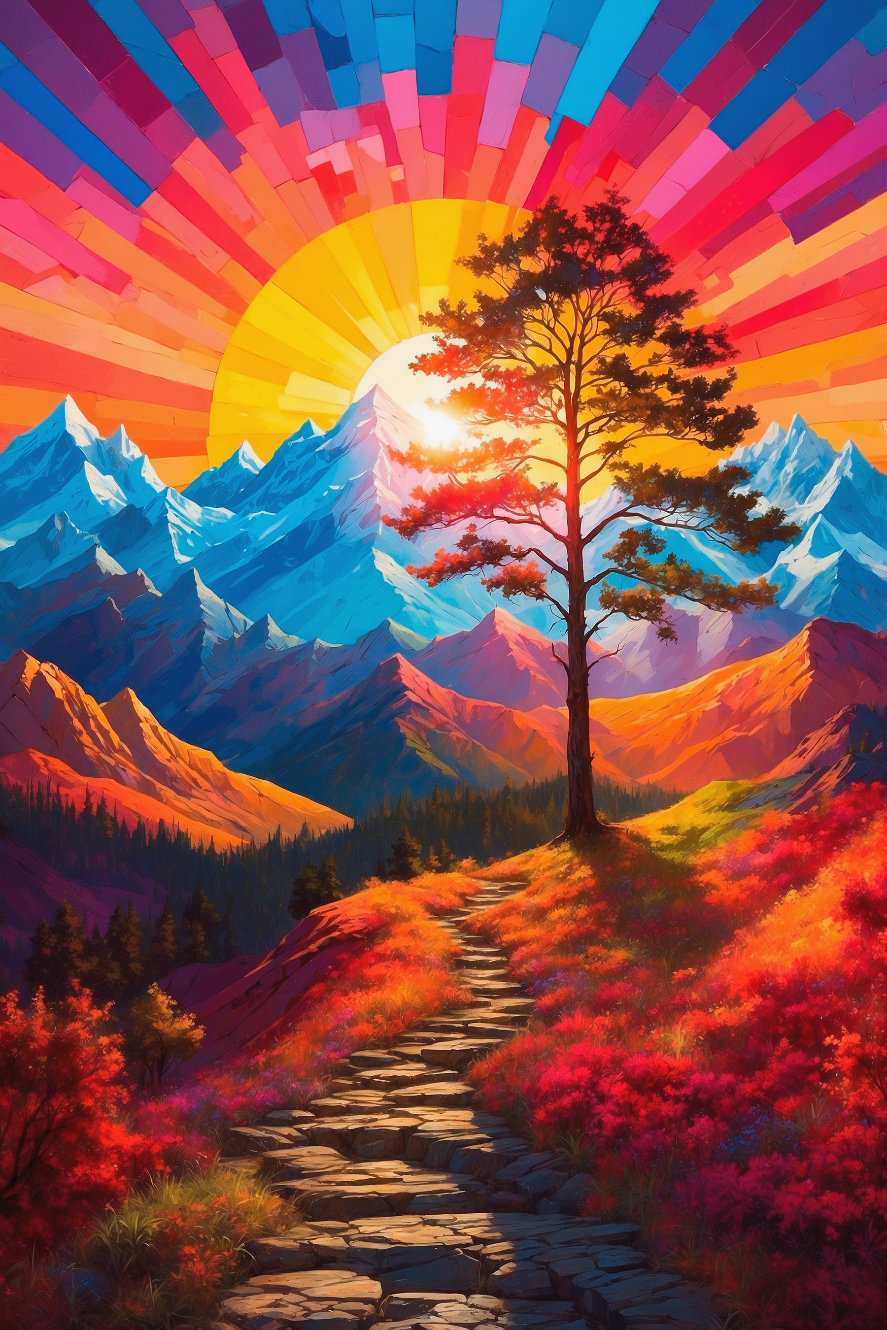 Painting of a mountain landscape with a tree and a colorful sunset