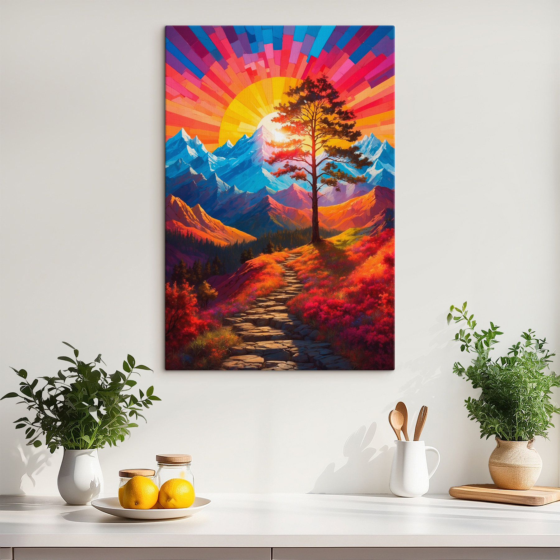 Painting of a mountain landscape with a tree and a colorful sunset