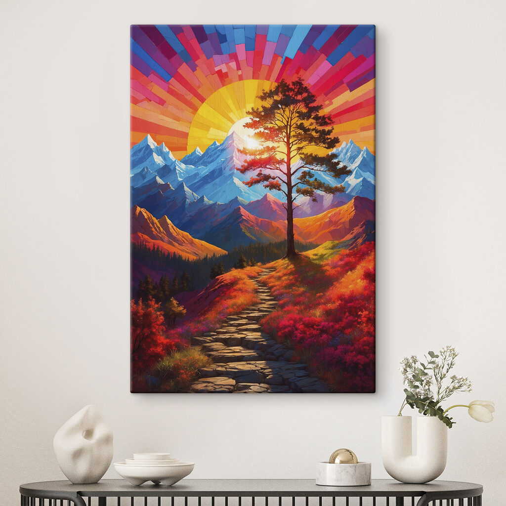Painting of a mountain landscape with a tree and a colorful sunset