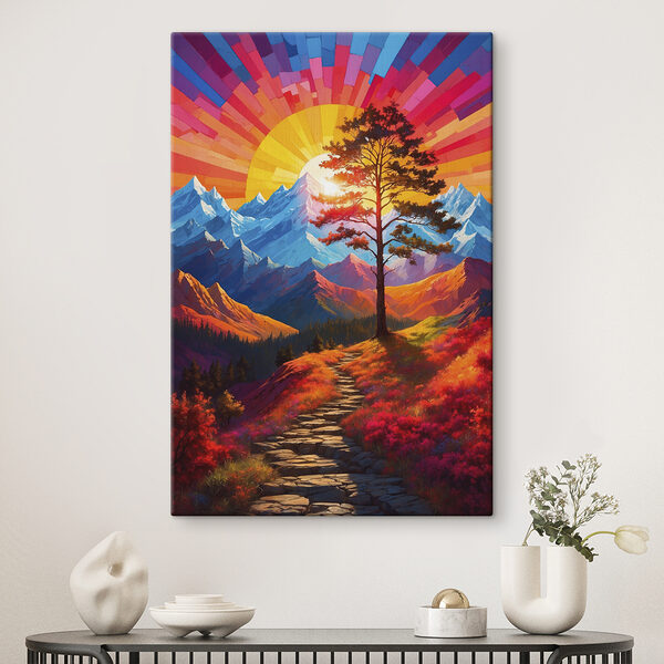 Painting of a mountain landscape with a tree and a colorful sunset